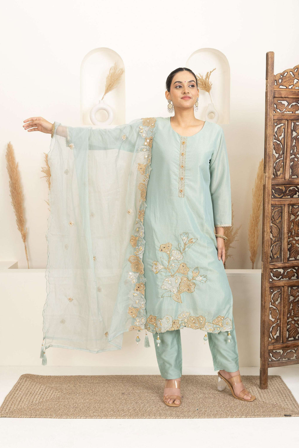 Soft Teal Sharara Set with Delicate Multicolour Embroidery