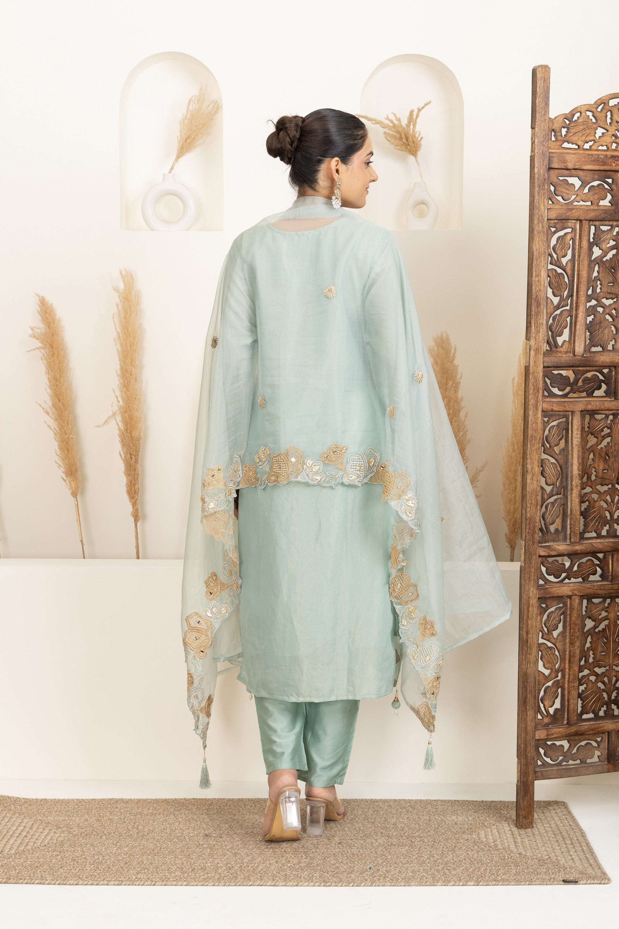 Soft Teal Sharara Set with Delicate Multicolour Embroidery