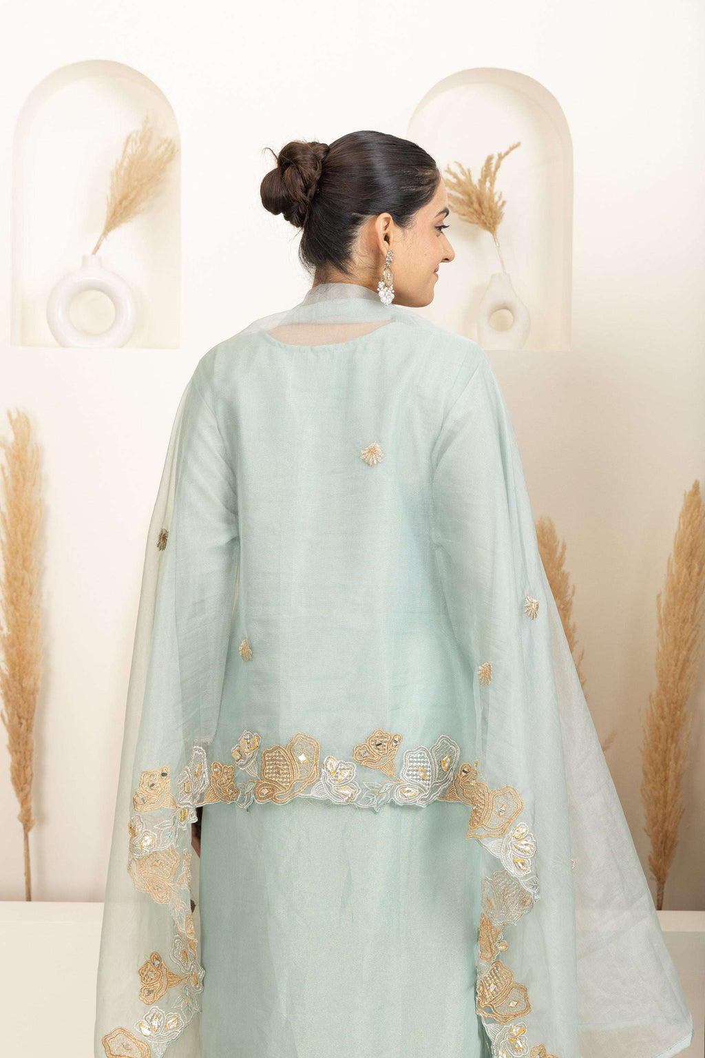 Soft Teal Sharara Set with Delicate Multicolour Embroidery