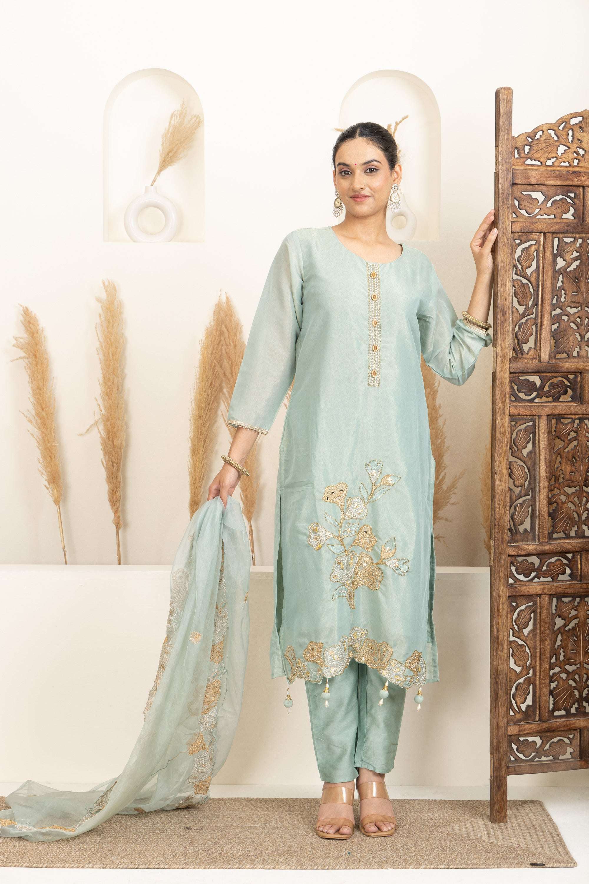 Soft Teal Sharara Set with Delicate Multicolour Embroidery