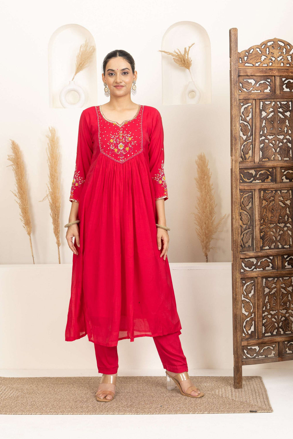 Red Anarkali Suit Set with Embroidered Detailing