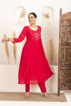 Red Anarkali Suit Set with Embroidered Detailing