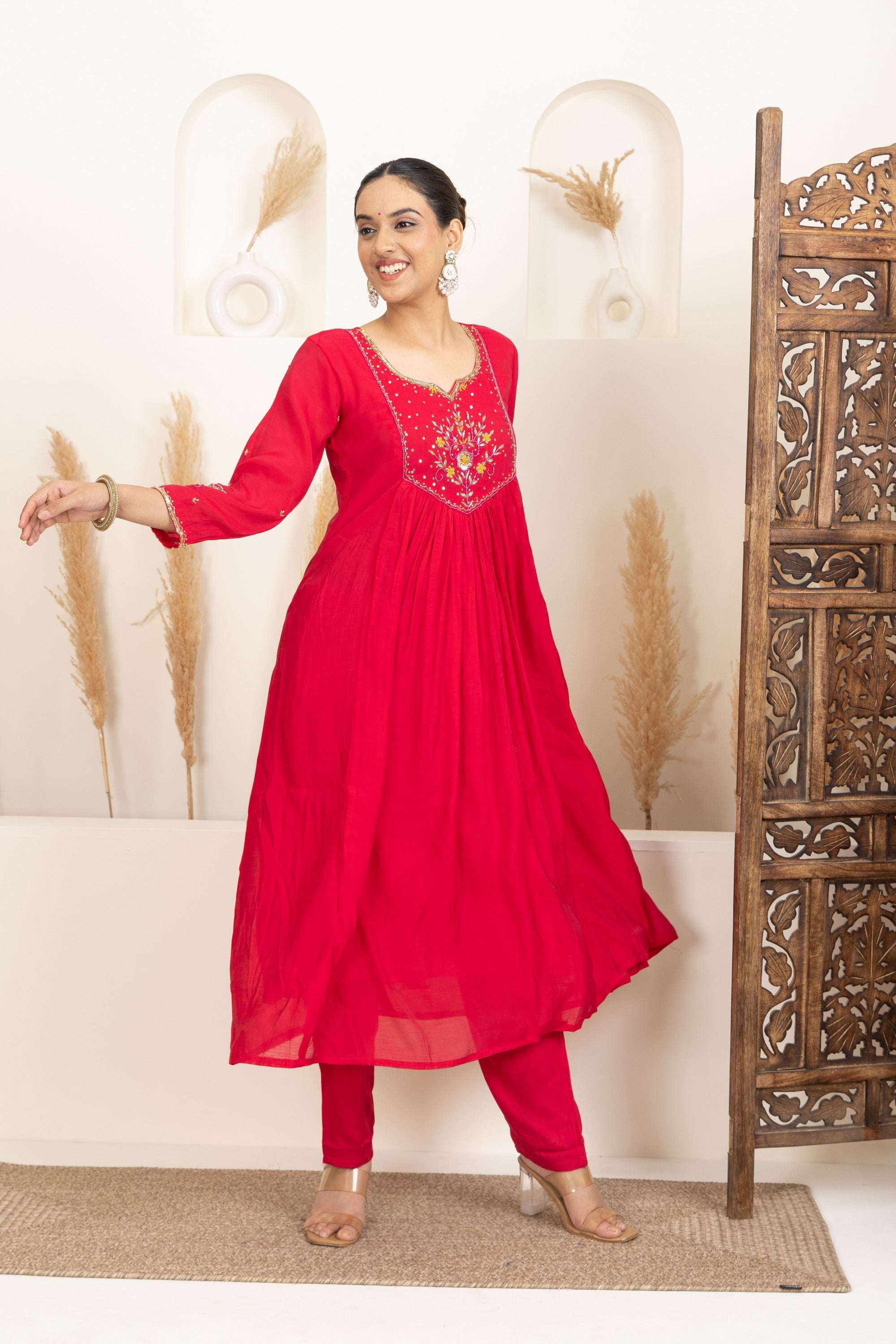 Red Anarkali Suit Set with Embroidered Detailing