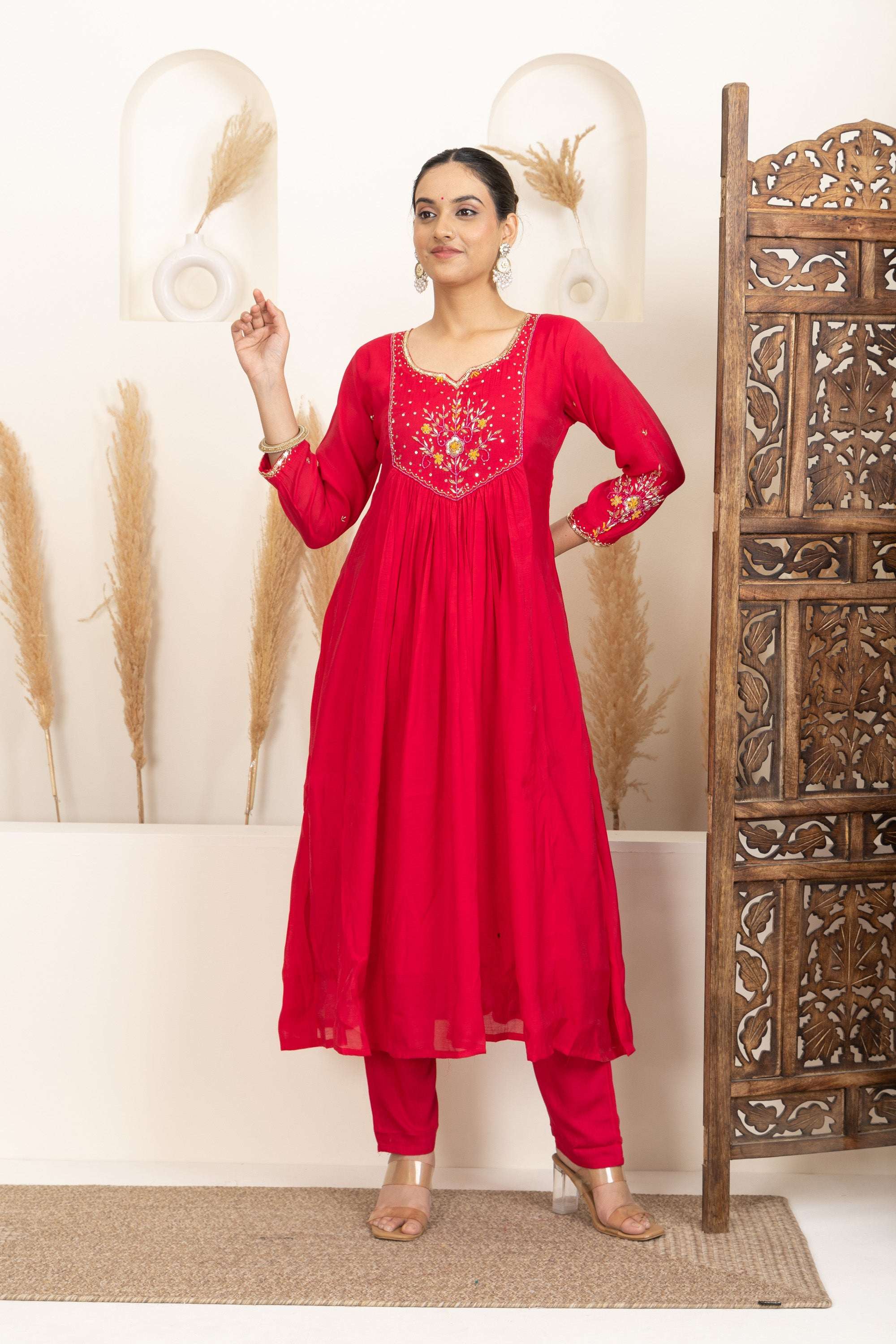 Red Anarkali Suit Set with Embroidered Detailing