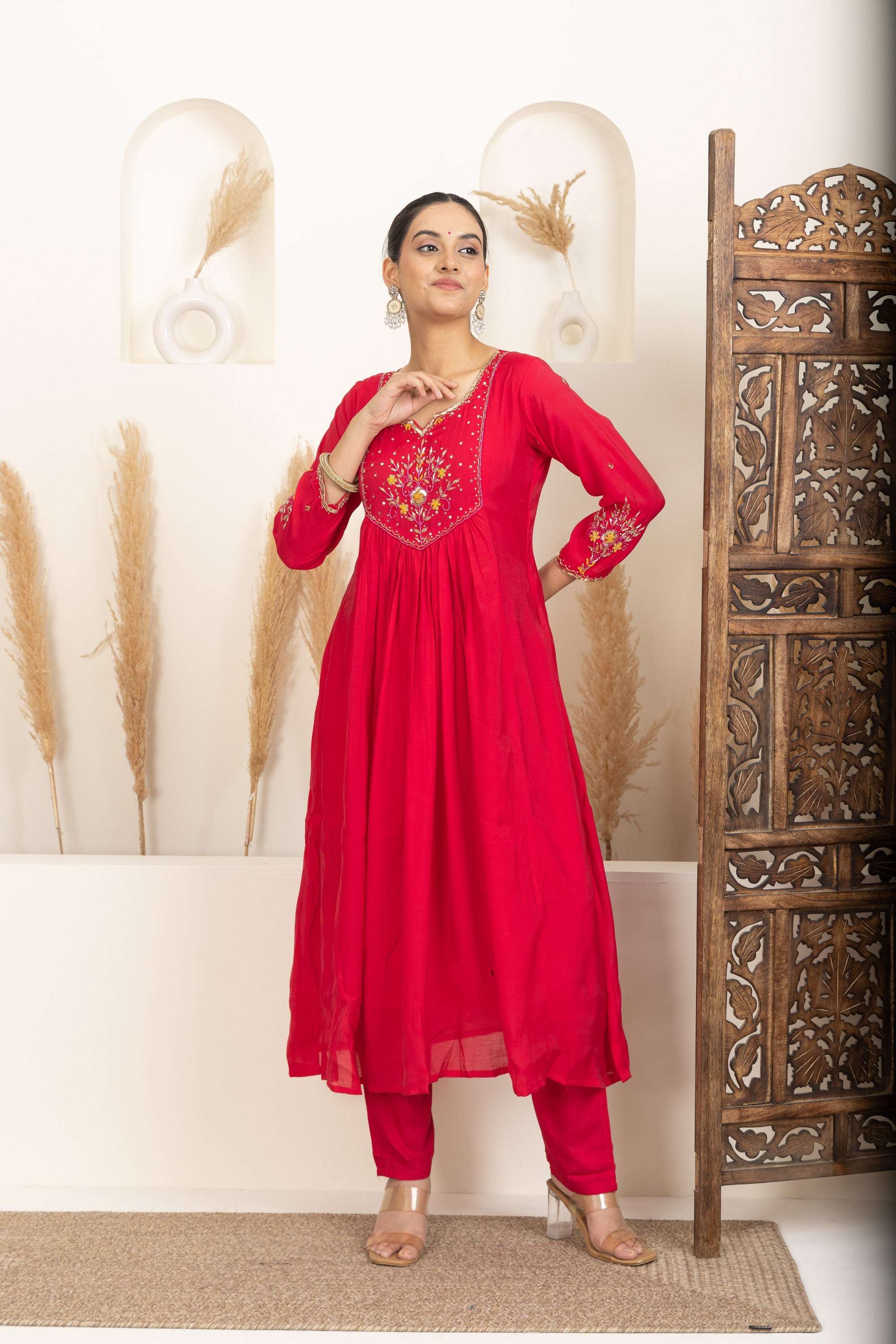 Red Anarkali Suit Set with Embroidered Detailing