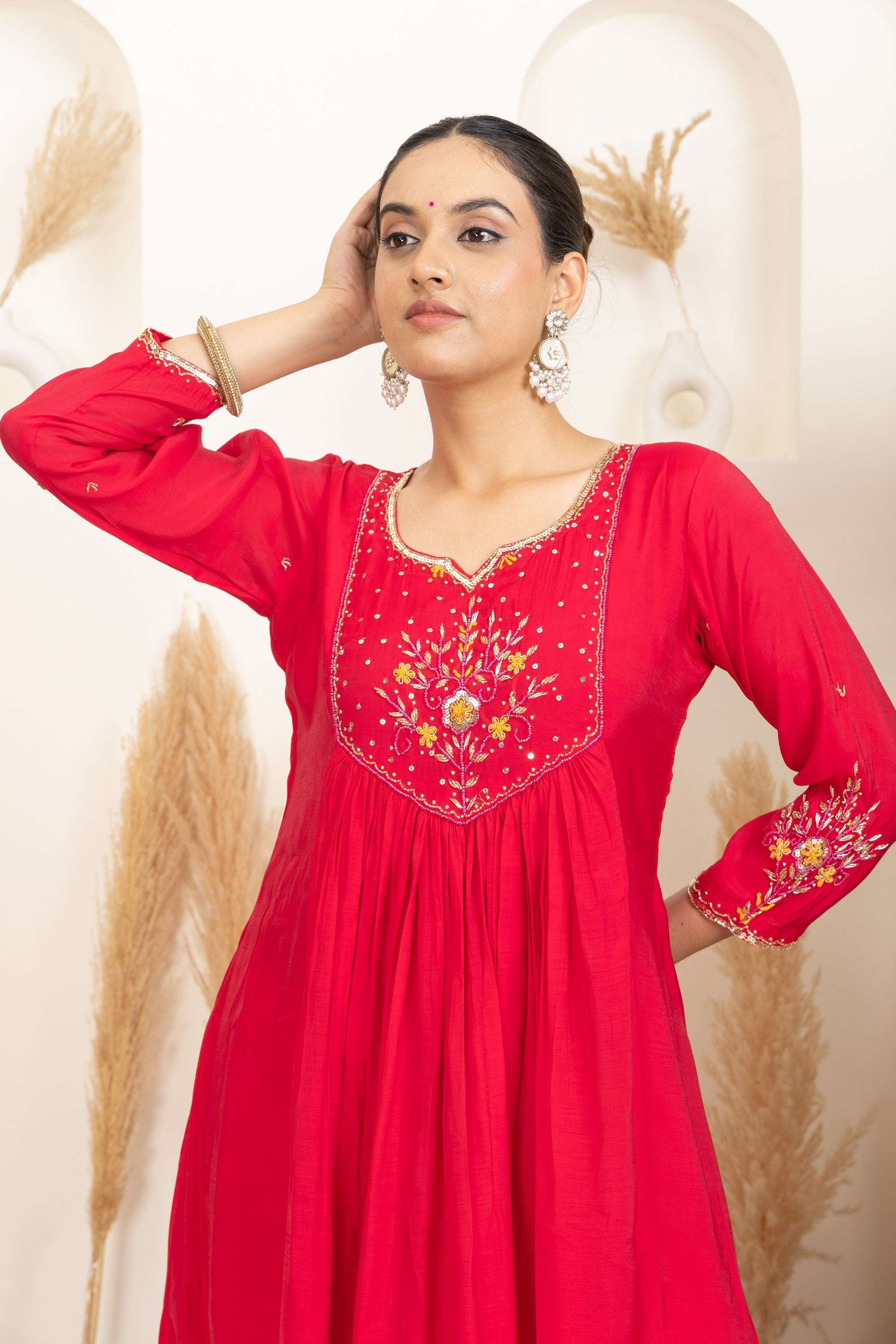 Red Anarkali Suit Set with Embroidered Detailing