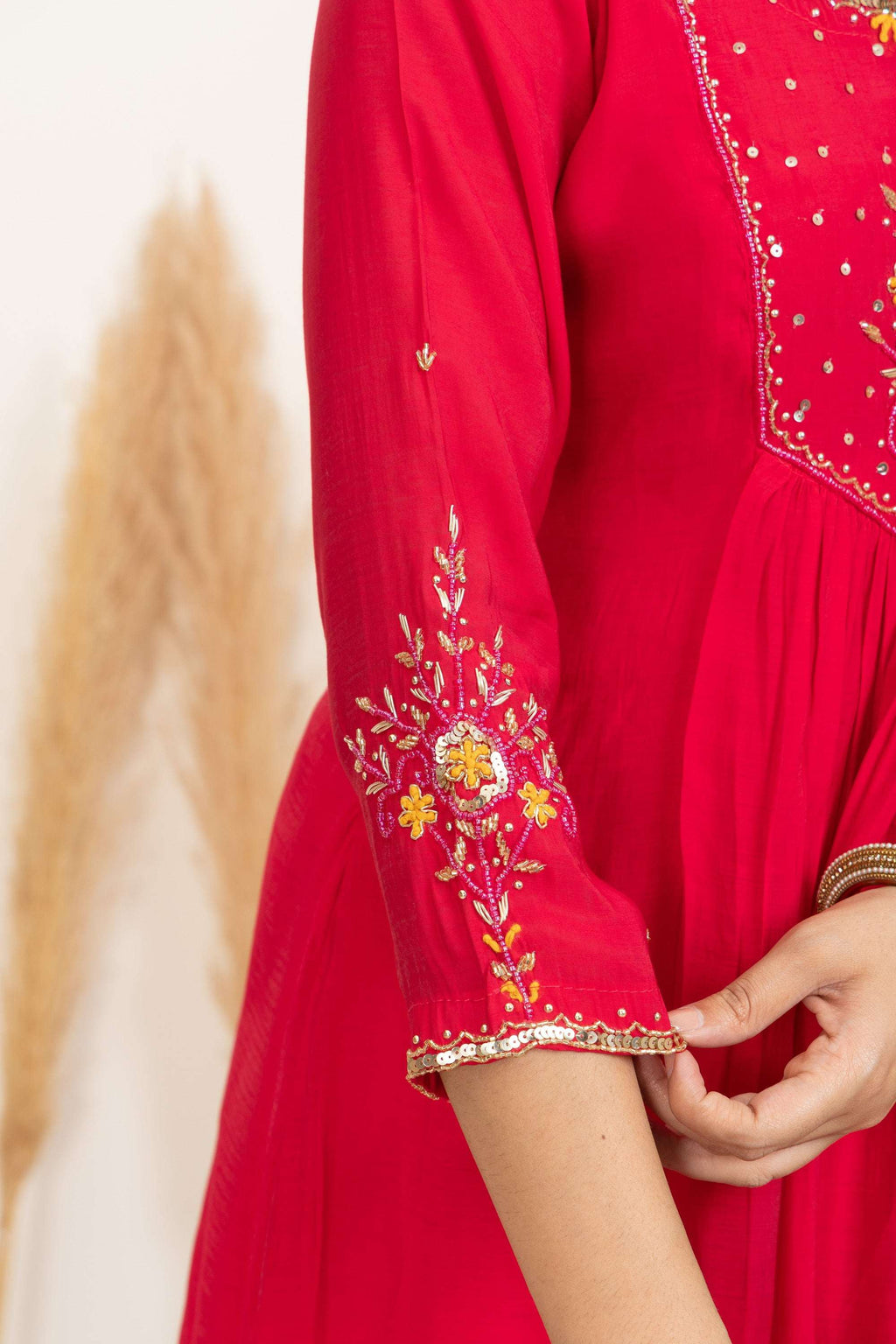 Red Anarkali Suit Set with Embroidered Detailing