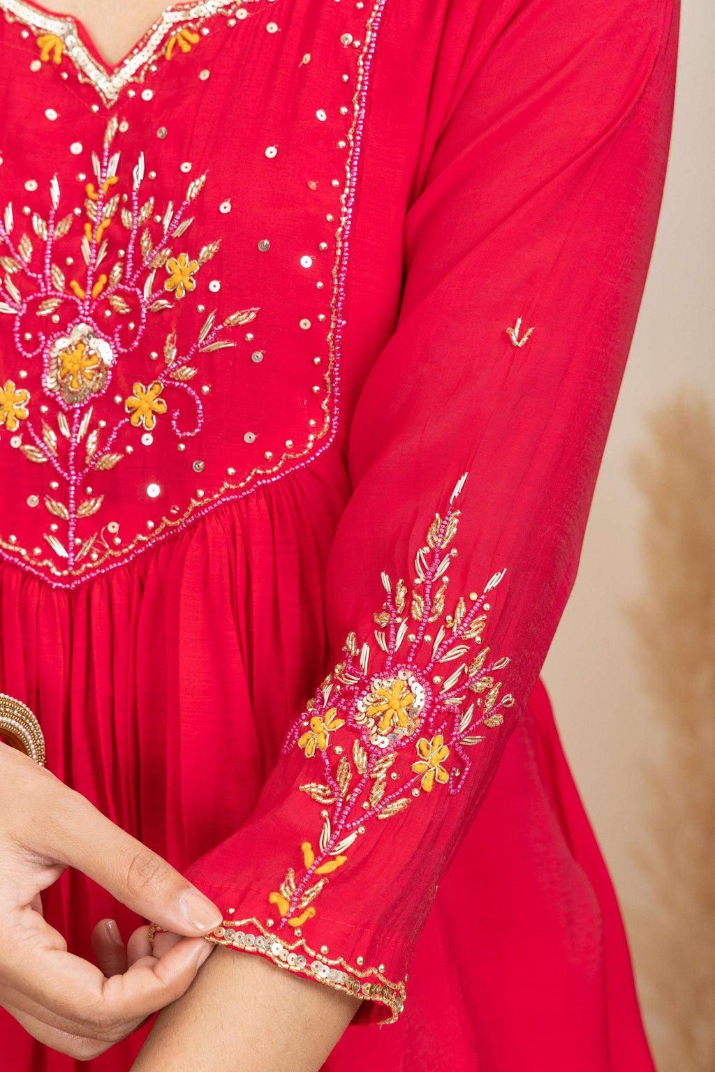 Red Anarkali Suit Set with Embroidered Detailing