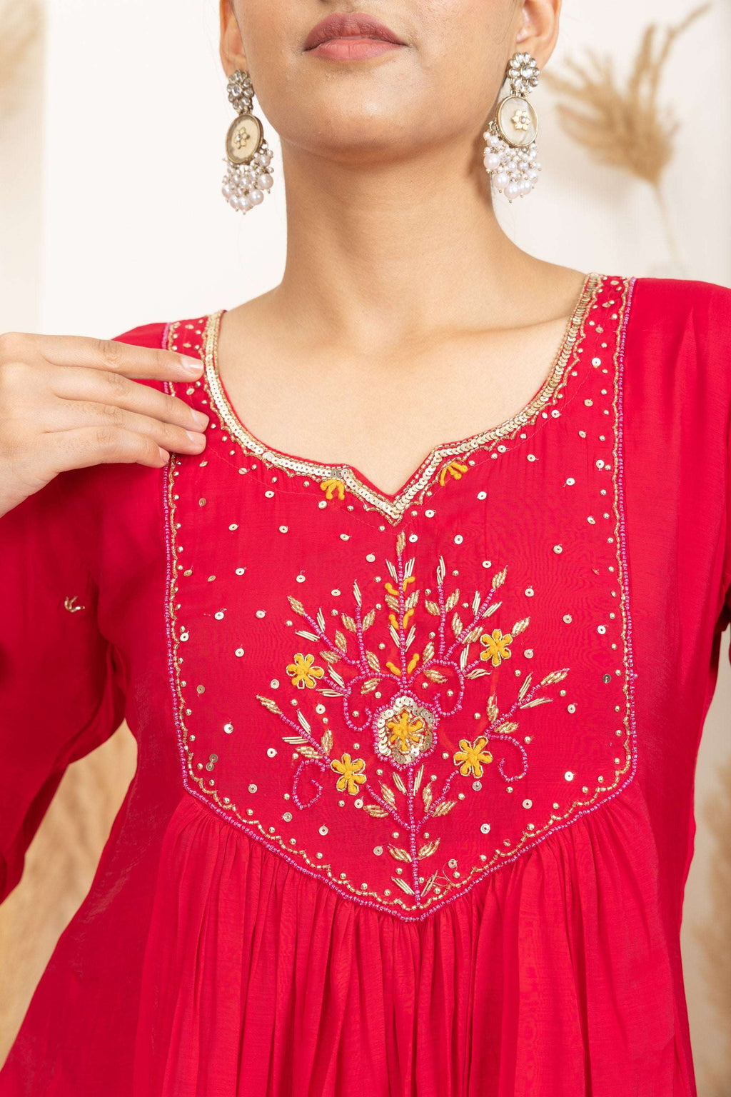 Red Anarkali Suit Set with Embroidered Detailing