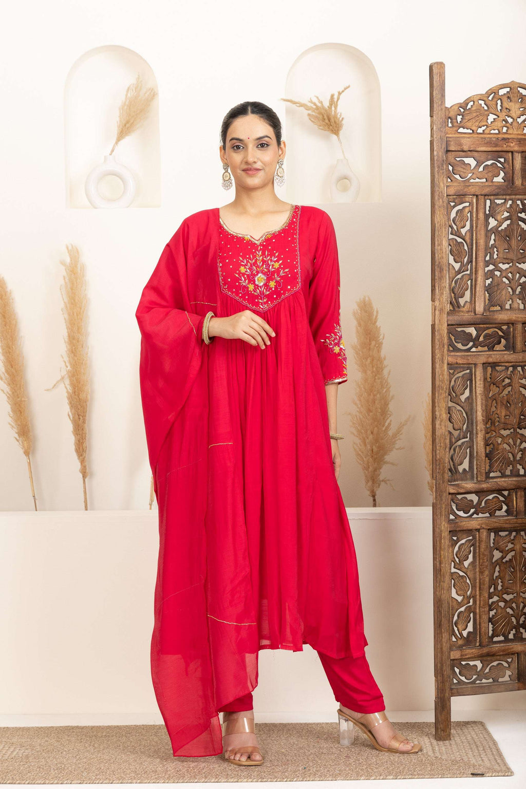 Red Anarkali Suit Set with Embroidered Detailing