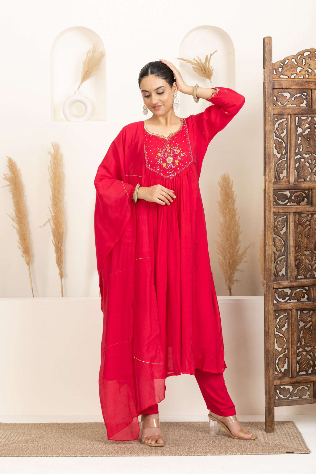 Red Anarkali Suit Set with Embroidered Detailing