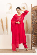 Red Anarkali Suit Set with Embroidered Detailing