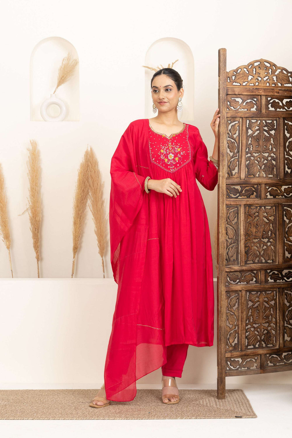 Red Anarkali Suit Set with Embroidered Detailing
