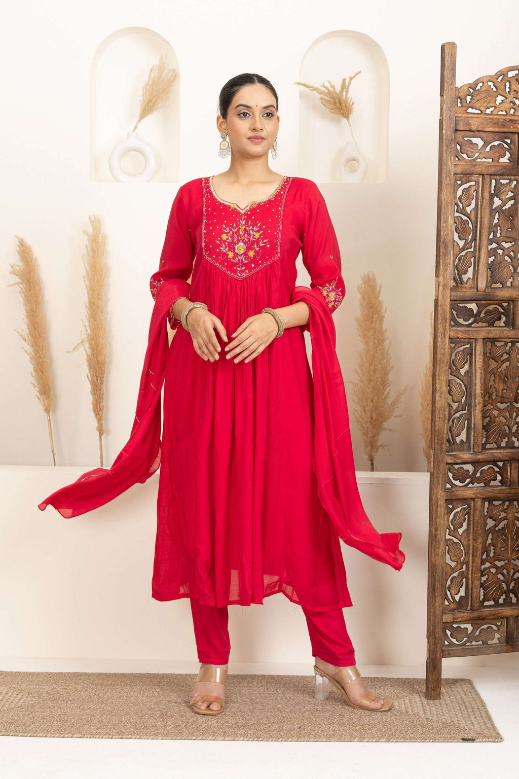 Red Anarkali Suit Set with Embroidered Detailing