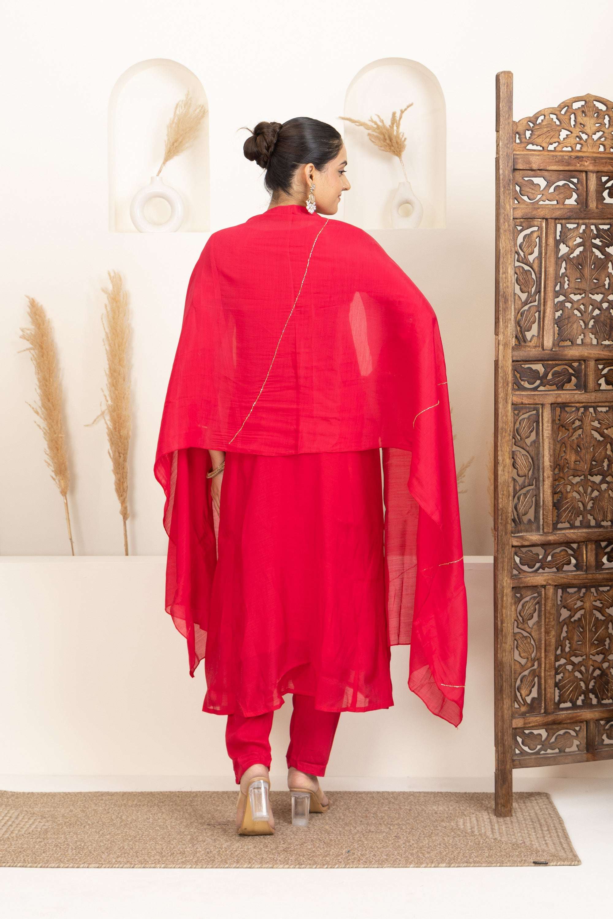 Red Anarkali Suit Set with Embroidered Detailing
