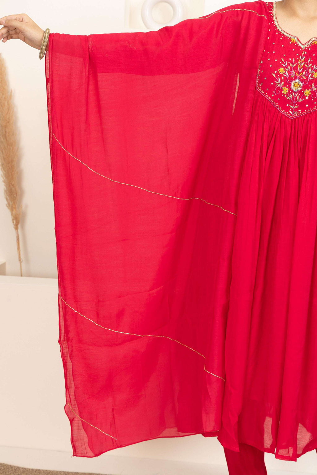 Red Anarkali Suit Set with Embroidered Detailing