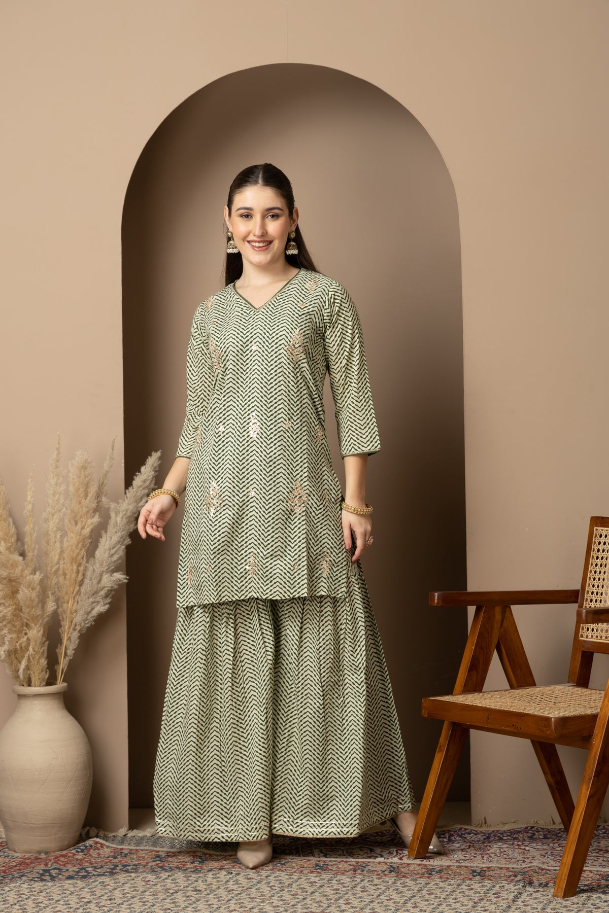 8F8ASage Green Chevron Printed Kurta Dupatta & Sharara Set  Look