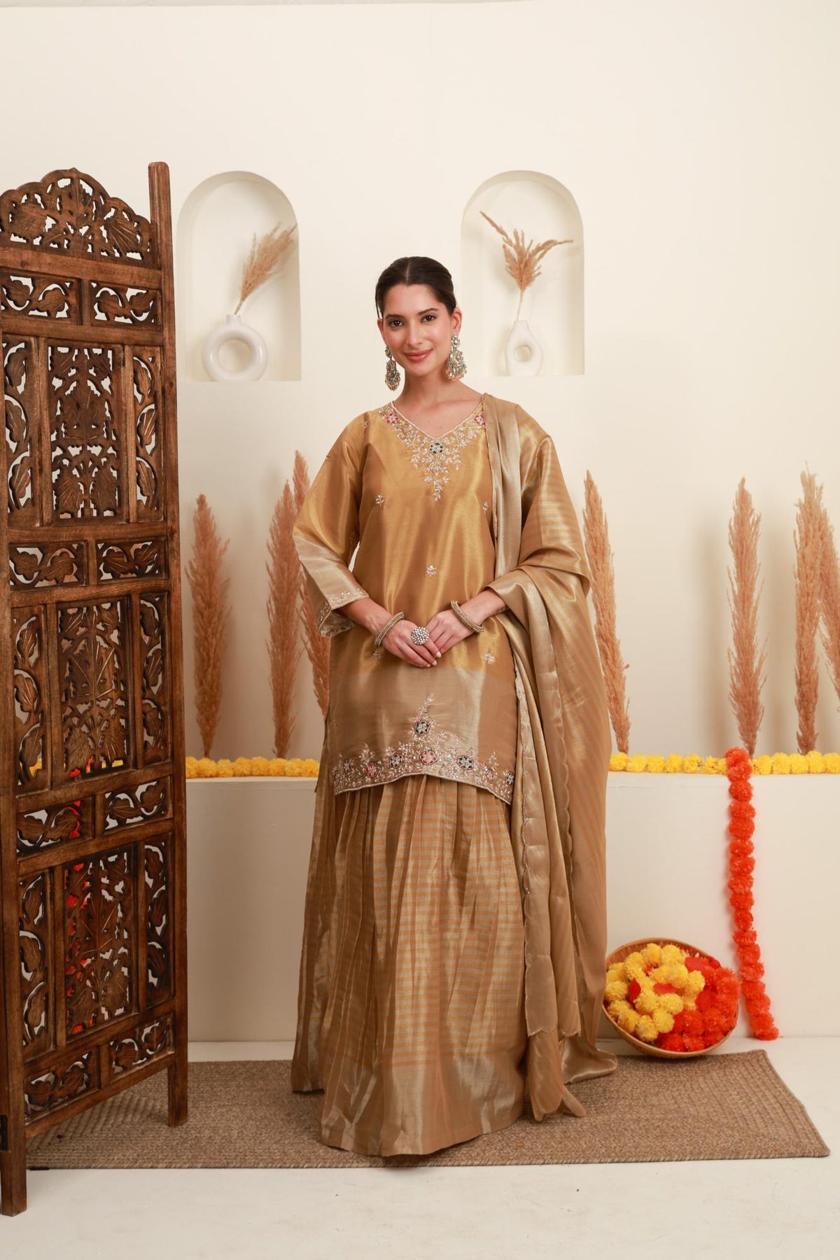 Beige Gold Embroidered Kurta Skirt Set with Dupatta