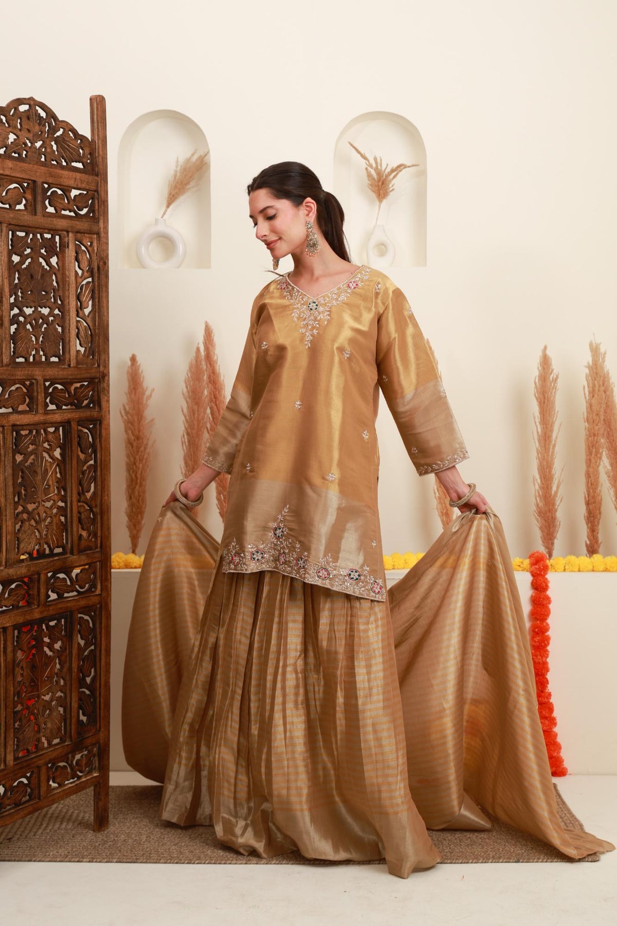 Beige Gold Embroidered Kurta Skirt Set with Dupatta