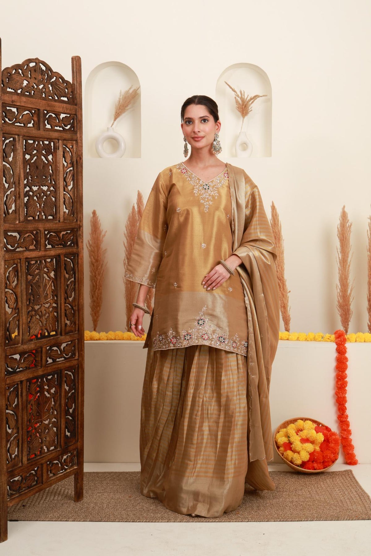Beige Gold Embroidered Kurta Skirt Set with Dupatta