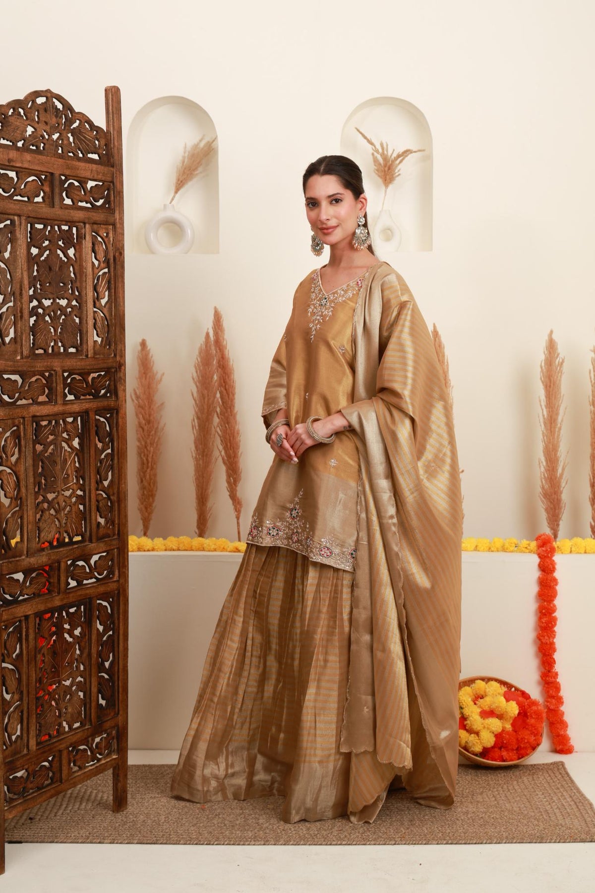 Beige Gold Embroidered Kurta Skirt Set with Dupatta
