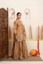 Beige Gold Embroidered Kurta Skirt Set with Dupatta