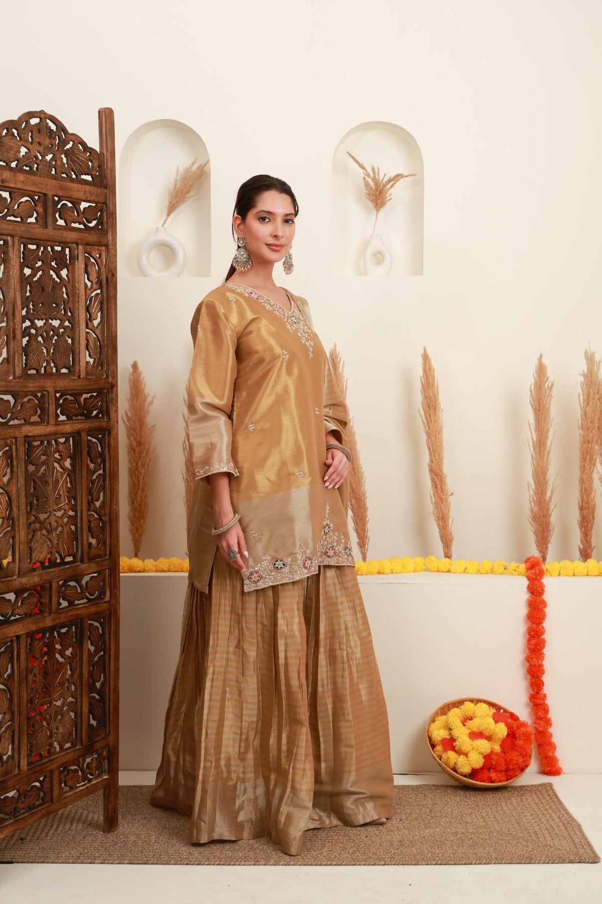 Beige Gold Embroidered Kurta Skirt Set with Dupatta