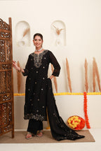 Black embroidered kurta skirt set for women with sheer dupatta