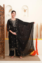 Black Embroidered Kurta Skirt Set with Dupatta