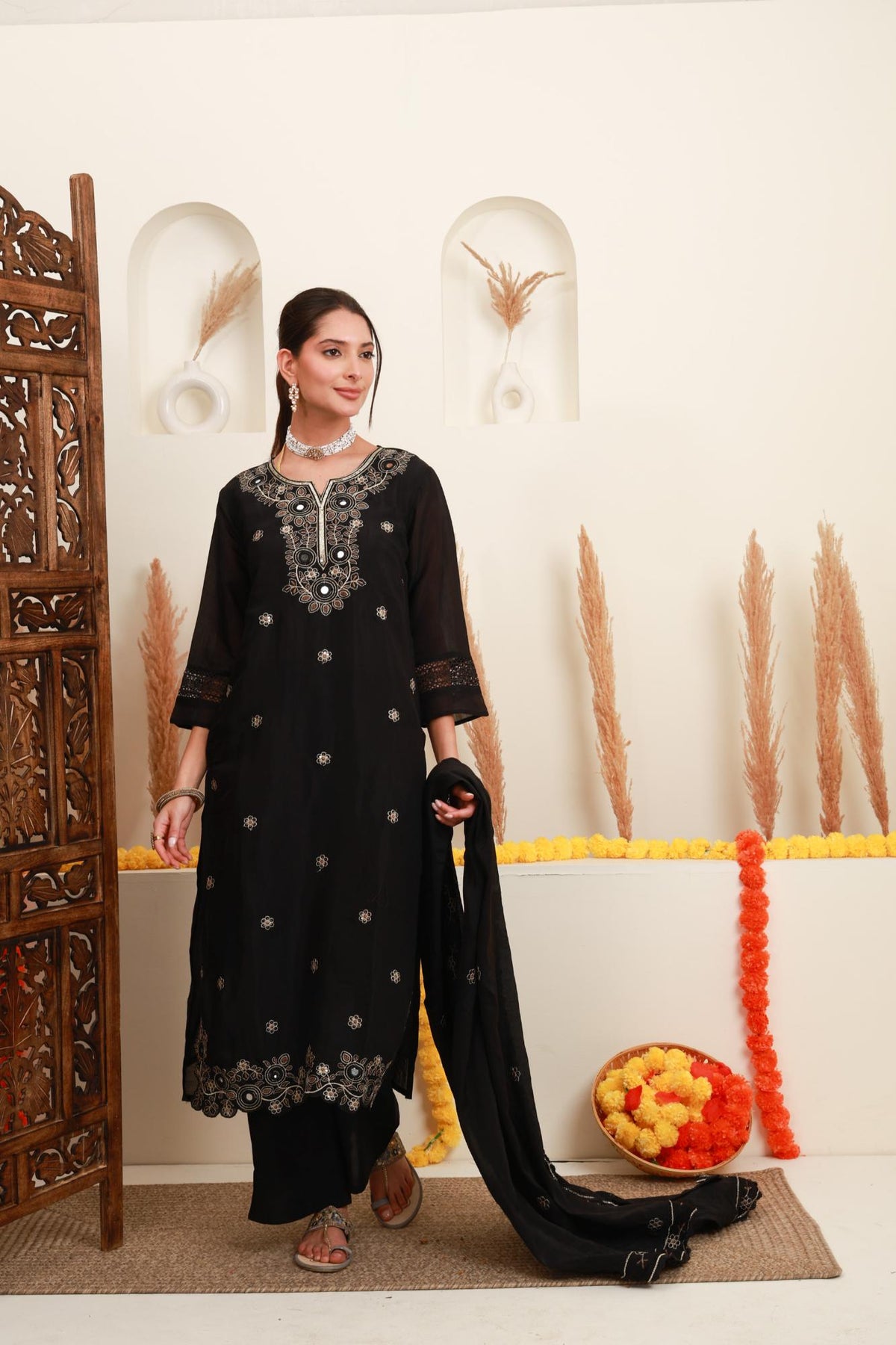 Black Embroidered Kurta Skirt Set with Dupatta