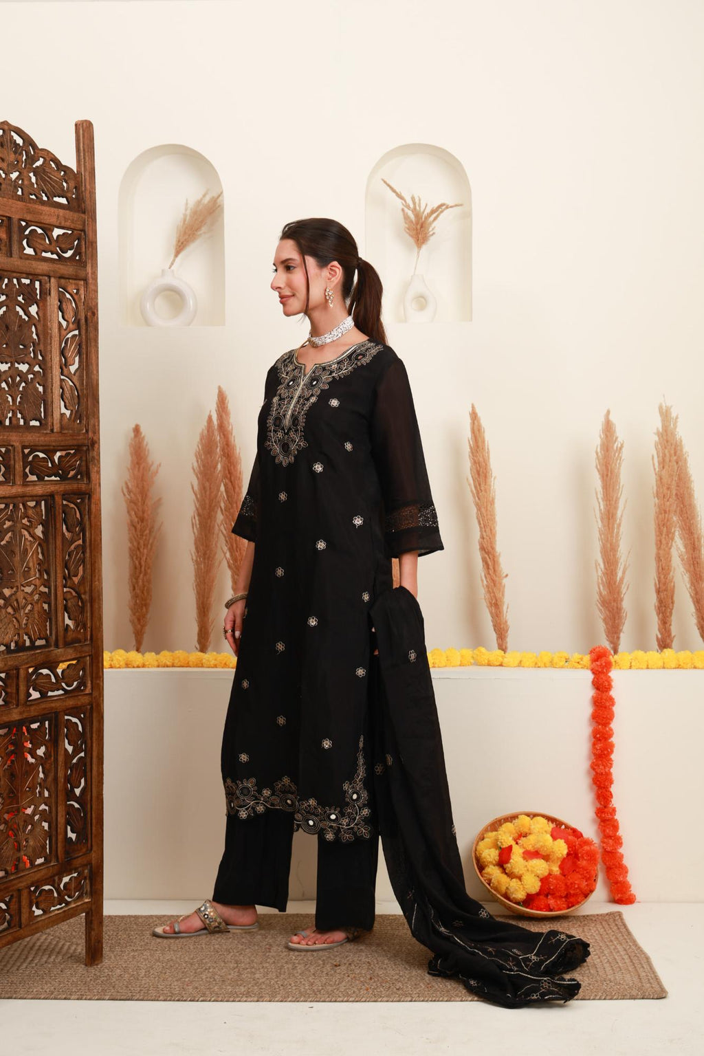 Black Embroidered Kurta Skirt Set with Dupatta