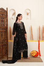 Black Embroidered Kurta Skirt Set with Dupatta