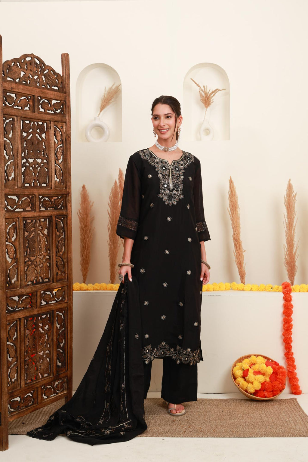 Black Embroidered Kurta Skirt Set with Dupatta