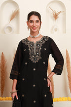 Black Embroidered Kurta Skirt Set with Dupatta