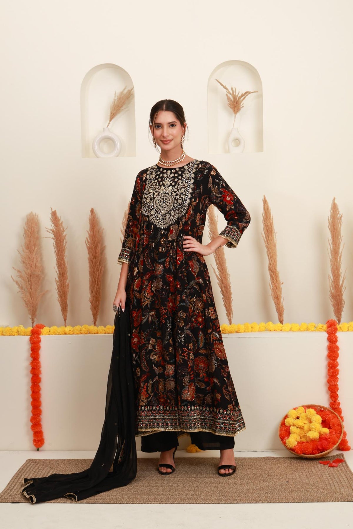 Black floral printed Anarkali suit set with embroidered yoke