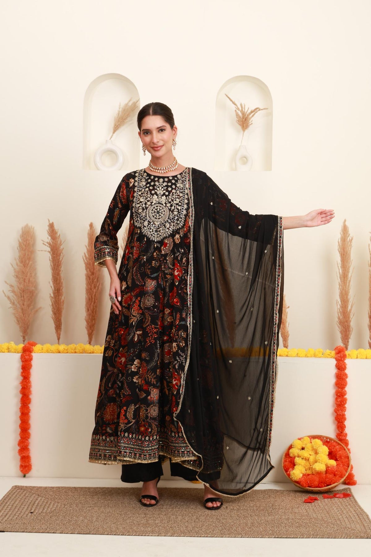 Black Floral Printed Anarkali Suit Set with Dupatta
