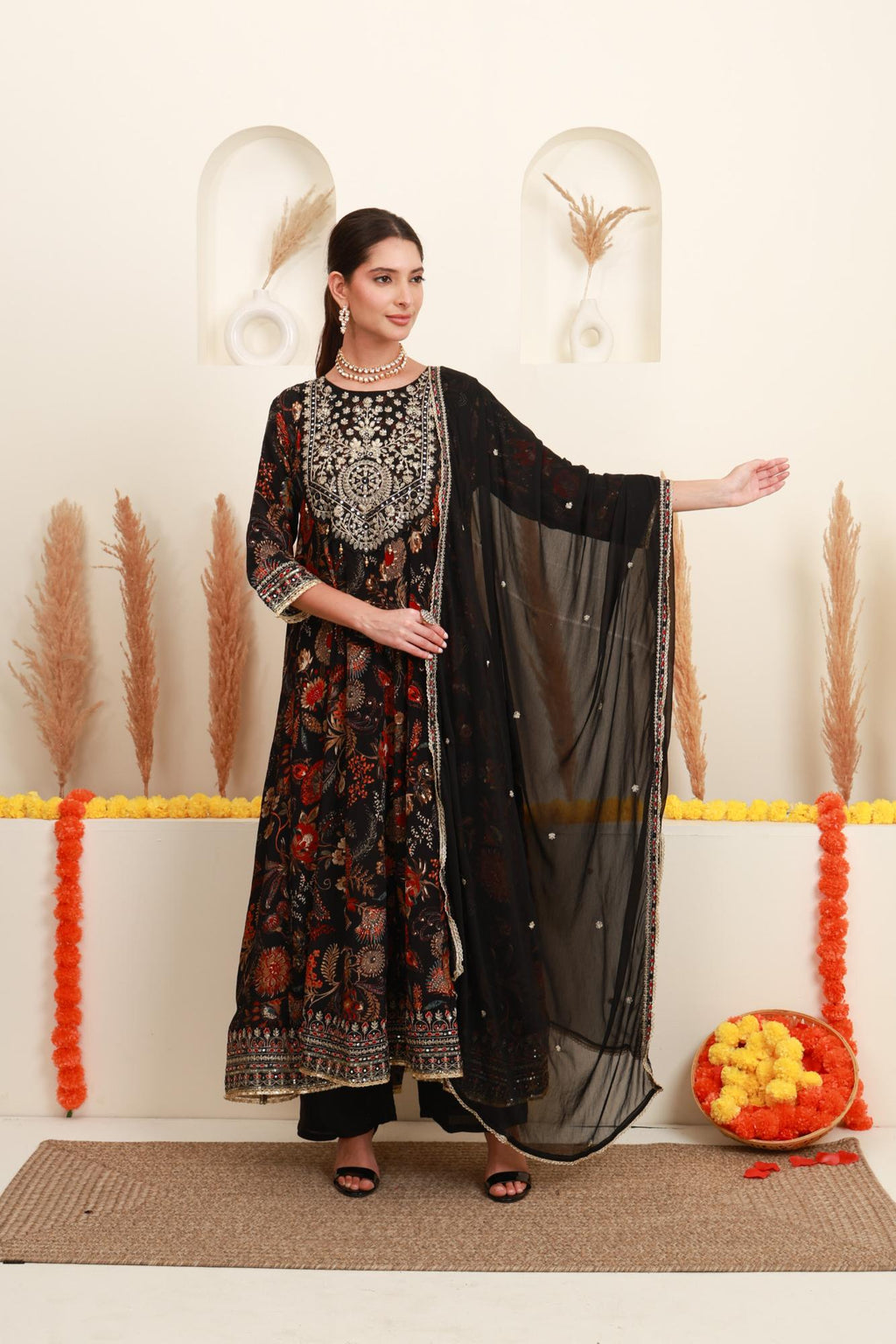 Black Floral Printed Anarkali Suit Set with Dupatta