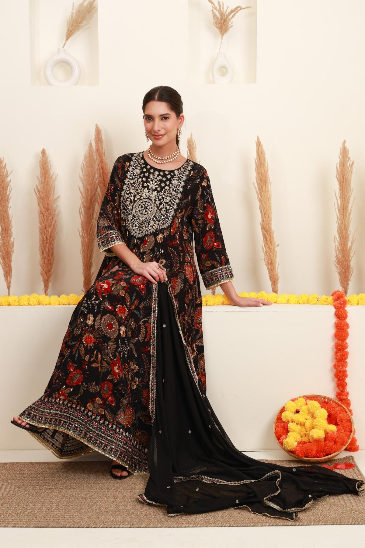 Black Floral Printed Anarkali Suit Set with Dupatta