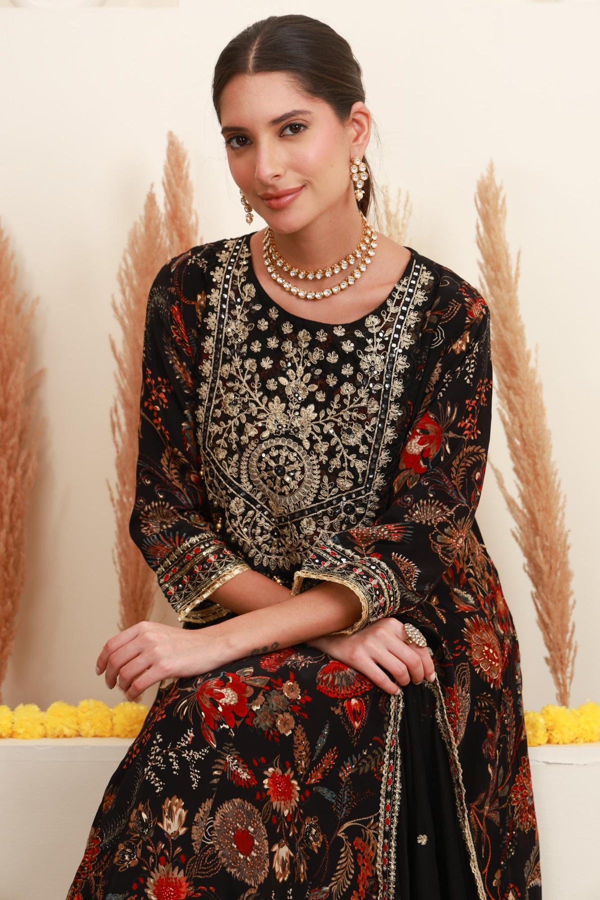 Black Floral Printed Anarkali Suit Set with Dupatta
