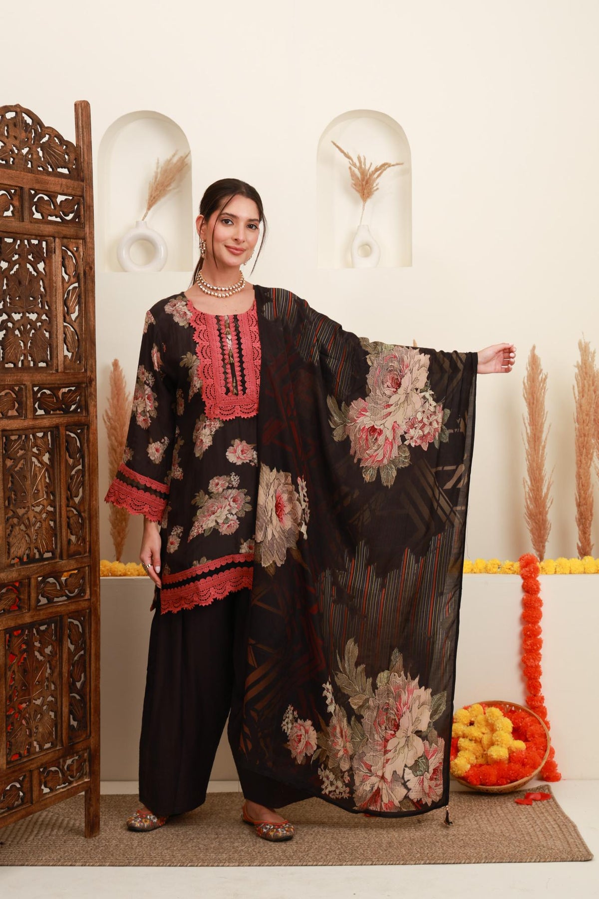 Black Floral Printed Kurta & Farshi Salwar Set with Dupatta
