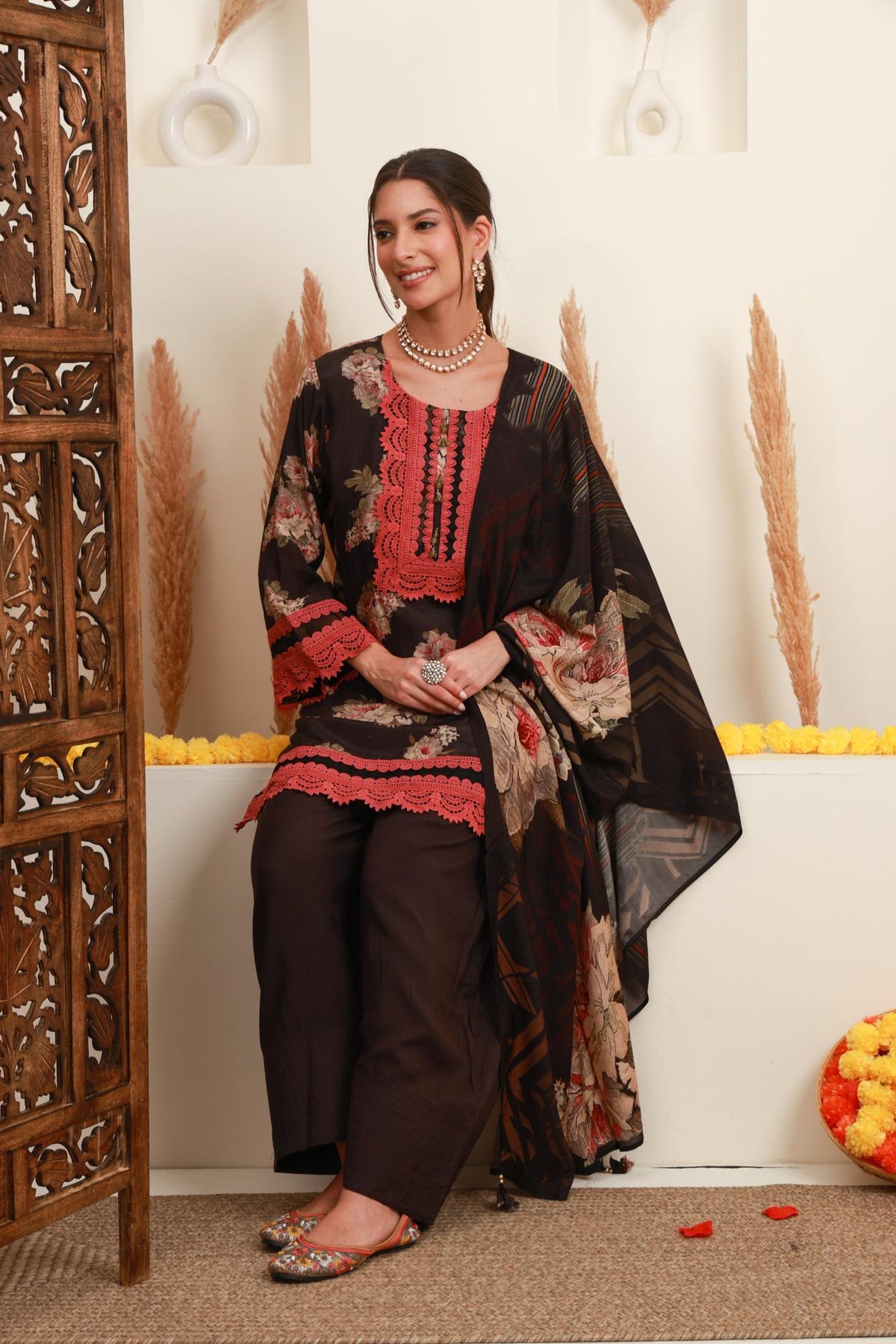Black Floral Printed Kurta & Farshi Salwar Set with Dupatta