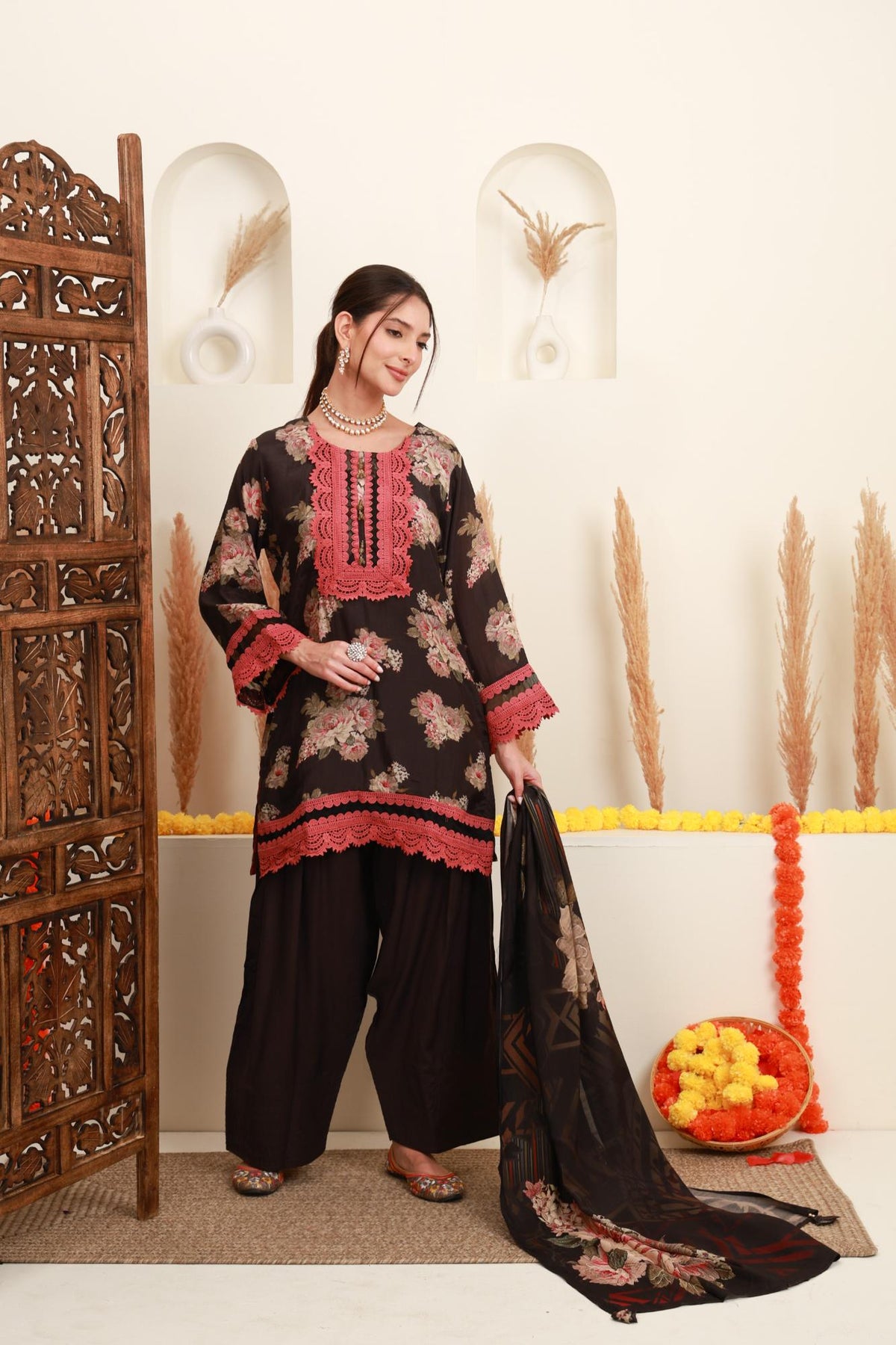 Black Floral Printed Kurta & Farshi Salwar Set with Dupatta