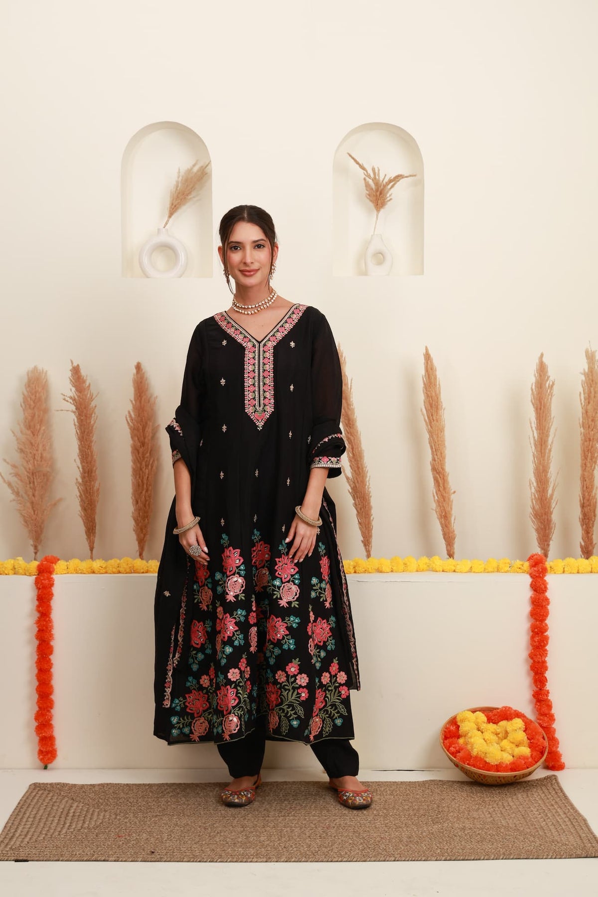Black frock-style floral embroidered kurta set with multicolour embroidery