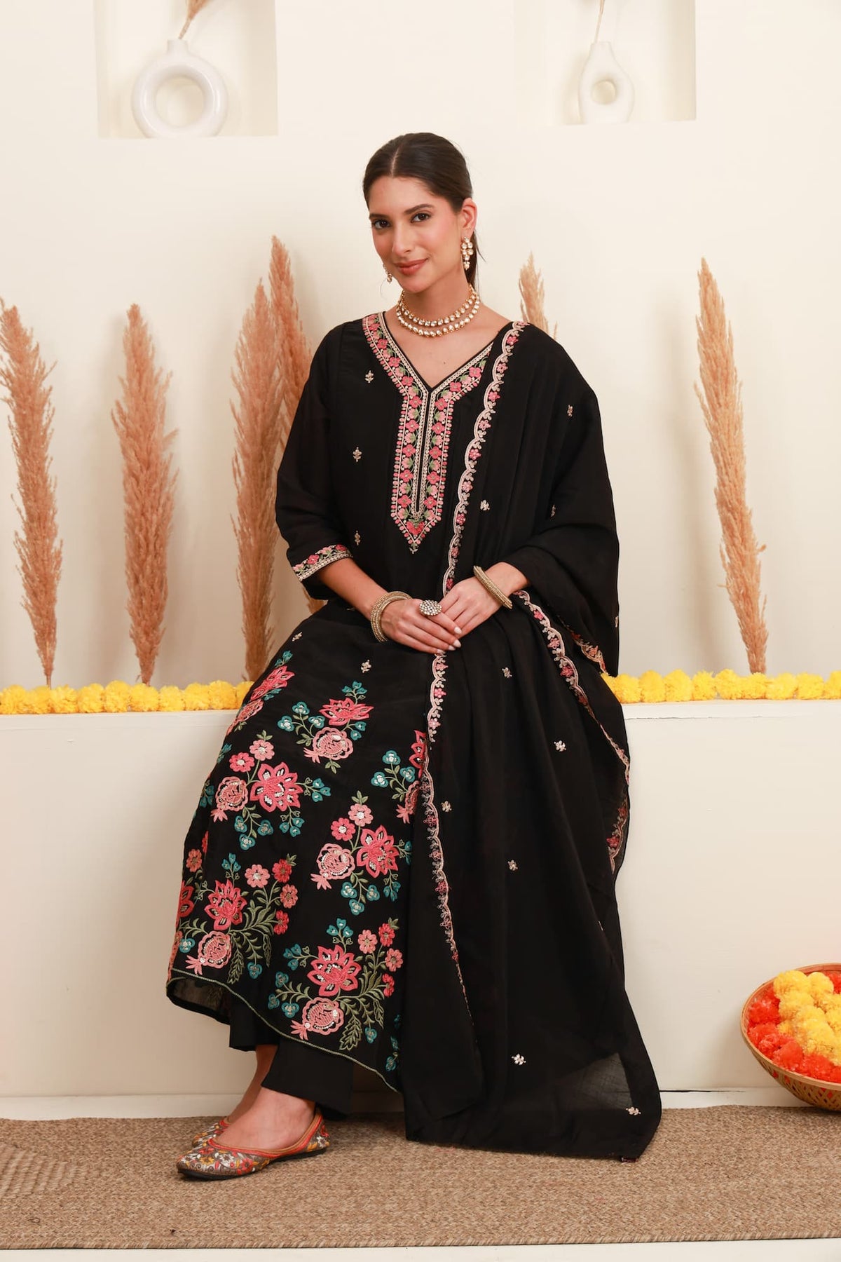 Black Frock-Style Floral Embroidered Kurta Set with Dupatta Price:
