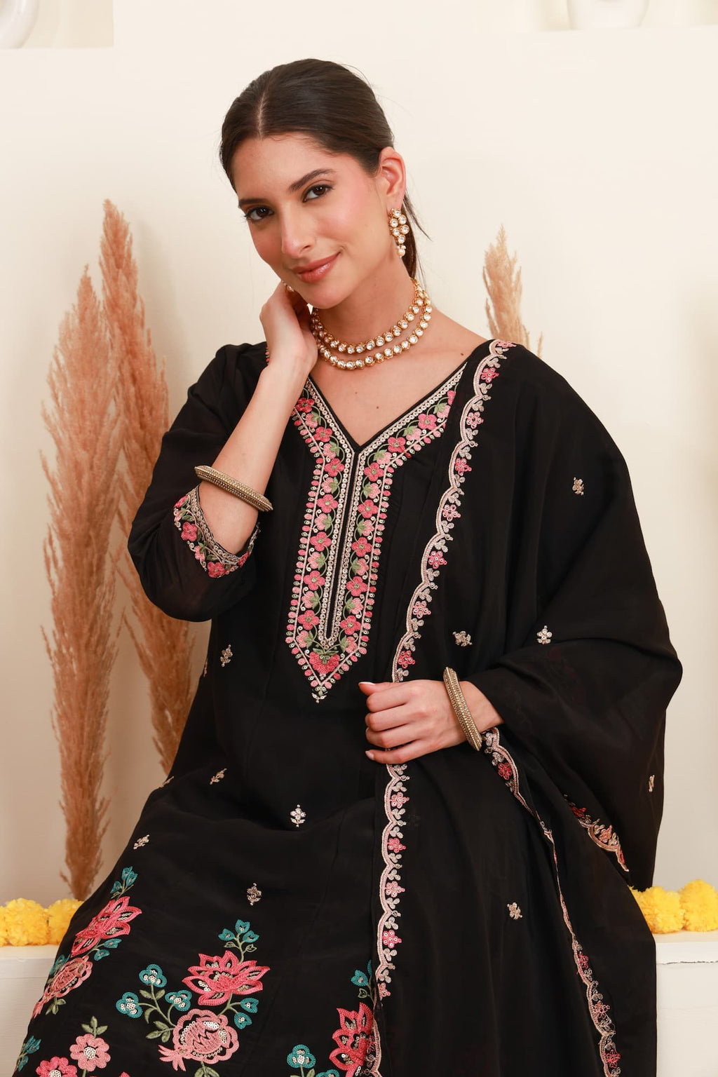 Black Frock-Style Floral Embroidered Kurta Set with Dupatta Price: