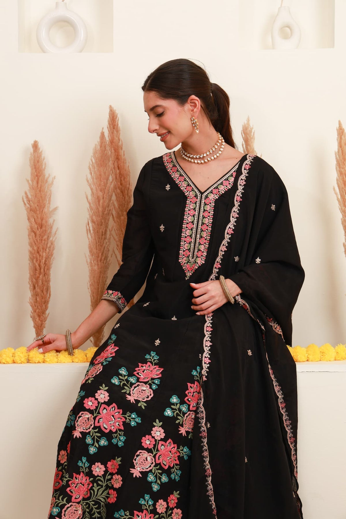 Black Frock-Style Floral Embroidered Kurta Set with Dupatta Price: