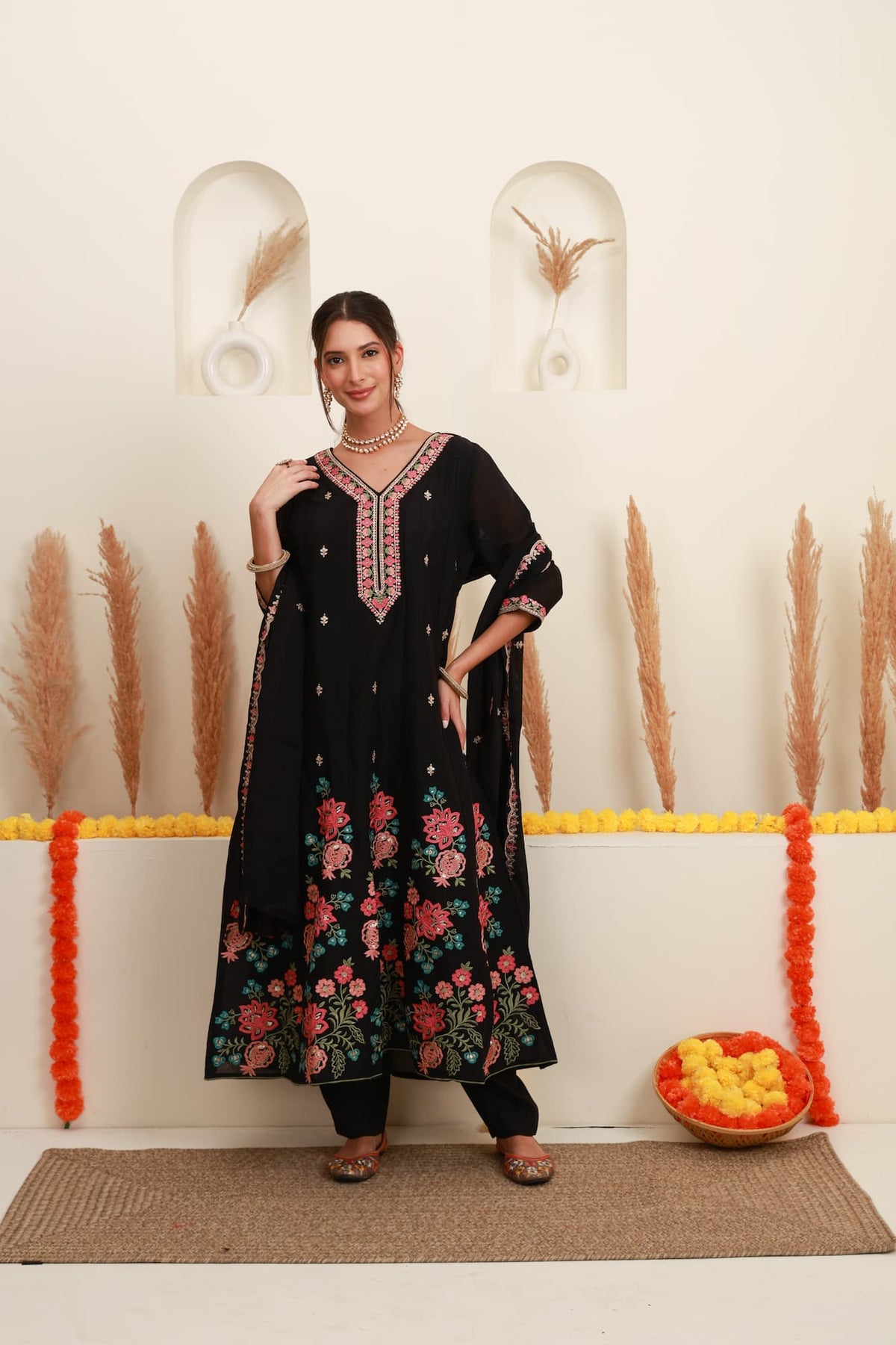 Black Frock-Style Floral Embroidered Kurta Set with Dupatta Price: