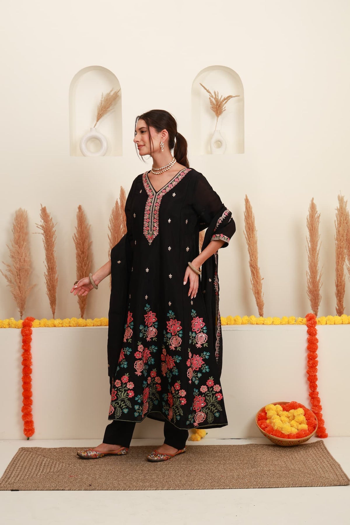 Black Frock-Style Floral Embroidered Kurta Set with Dupatta Price: