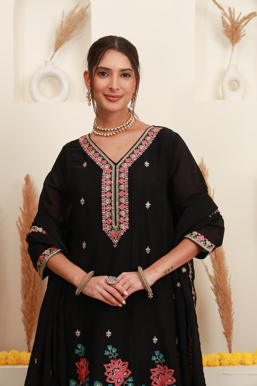 Black Frock-Style Floral Embroidered Kurta Set with Dupatta Price: