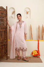 Blush pink embroidered kurta set for women with floral embroidery and dupatta